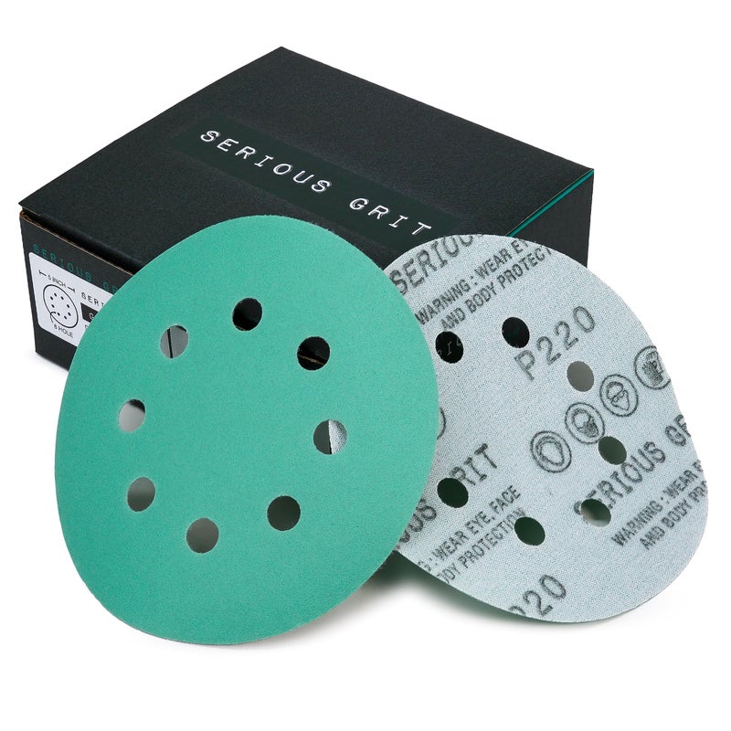 Serious Grit Sanding Discs 5 Inch 8 Hole 220 Grit - Heavy-Duty Hook & Loop Wet Dry Film Sandpaper Discs - Very Fine Sand Paper for Random Orbital Sanders - Wood, Automotive, Metal, etc - 50 Pack Box - Image 1